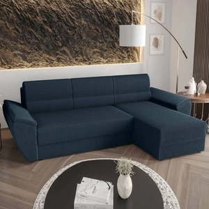 Ecksofa mit Schlaffunktion Fogu II blau rechtsseitig stilvolles Ecksofa mit bequemen Armlehnen und Bettzeugcontainer