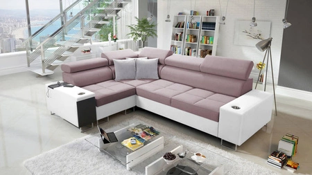 Ecksofa mit Schlaffunktion Dafni II lavendelrosa / weiß links geflochtenes Ecksofa mit Bettzeugschublade an der Seite