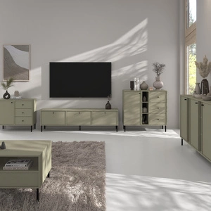 Set von Wohnzimmermöbel Kioto II Eukalyptus stilvolles Design elegante Möbel von Metall schwarz Beine subtilen Griffen unterstützt