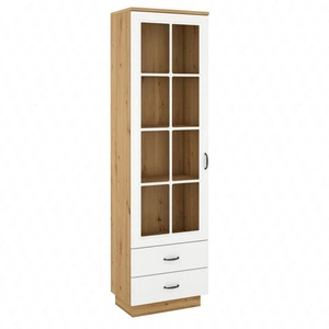 Scandi 60 cm Artisan Eiche / Weiß klassisches Design Sicherheitsglas Vitrine für Wohnzimmer mit Schubladen
