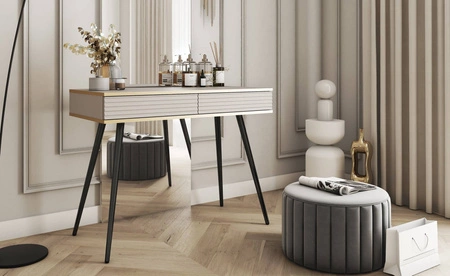 Konsole mit Schubladen Luxury beige eleganter Schminktisch mit geriffelten Fronten hohe schwarze Beine Körper mit goldenen trim gekrönt