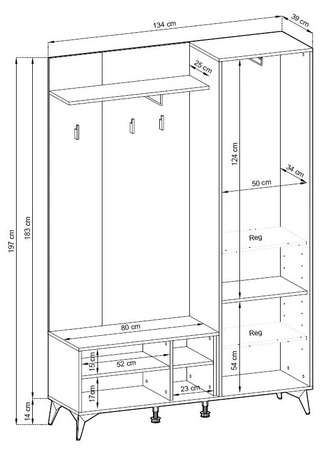 Garderobe Gusto 134 cm Schwarz / Eiche Evoke Funktionales und ideales Möbelstück für moderne klassische und skandinavische Innenräume dekoratives Fichtendekor