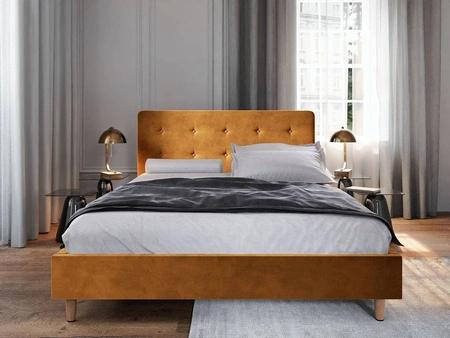 Polsterbett Noiro 140x200 senf mit Container im modernen skandinavischen Stil mit markantem Kopfteil