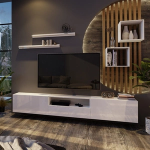 Metoni weiß / weiß glänzend universelle und stilvolle Wohnwand für das Wohnzimmer minimalistisches Design in einer modernen Umgebung