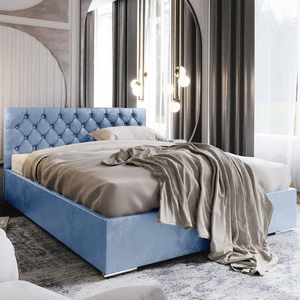 Polsterbett Bauru 180x200 hellblau mit Staukasten im modernen skandinavischen Stil mit gestepptem Kopfteil mit Kristallen