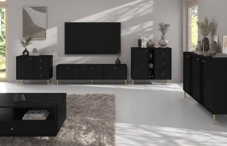 RTV Schrank Kioto II 180 cm schwarz graphit stilvolles Design Metall goldene Beine Schrank mit nach unten öffnenden Türen