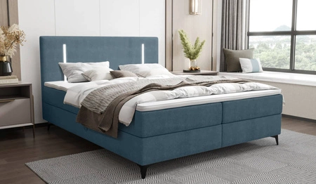 Boxspringbett Norco 140x200 blau stilvolles Bett mit Staukasten Beleuchtung im Kopfteil fügt eine einzigartige Note