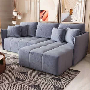 Ecksofa mit Schlaffunktion Oroso blau rechte Ecke weicher Samtstoff mit hydrophober Beschichtung Leinencontainer