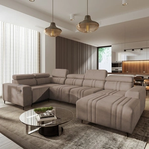 Ecksofa mit Schlaffunktion Castel IV hellbraun rechtsseitig stilvolles Ecksofa mit Bettzeugcontainer und verstellbaren Kopfstützen