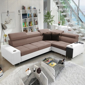 Ecksofa mit Schlaffunktion Dafni II hellbraun/weiß rechtwinkliges geflochtenes Ecksofa mit Bettzeugschublade in der Seite des Möbels