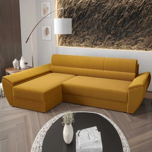 Ecksofa mit Schlaffunktion Fogu III Honig-Gelb links Stilvolles Ecksofa mit Armlehnen und Bettzeugablage Kordelstoff