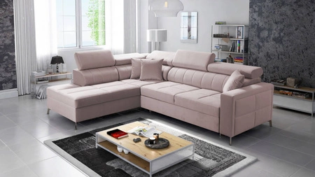 Ecksofa mit Schlaffunktion Nausa III puderrosa links Samt stilvolles bequemes Ecksofa verstellbare Kopfstützen Bettzeugcontainer
