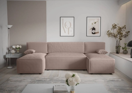 Ecksofa mit Schlaffunktion Brandon U hellbraun Bettzeugcontainer dreidimensional gestreifter Stoff