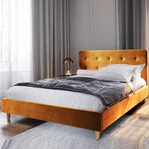 Polsterbett Noiro 180x200 senf mit Container im modernen skandinavischen Stil mit markantem Kopfteil