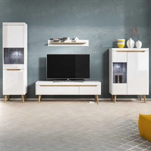 Möbelset Atka weiß / weiß glänzend / Eiche riviera modernes Design Kante mit Spezialfurnier verkleidet Sicherheitsglas gehärtet