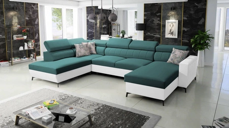 Ecksofa mit Schlaffunktion Savona VI türkis / weiß rechts elegantes und bequemes Ecksofa für das Wohnzimmer zwei Container für Bettzeug 