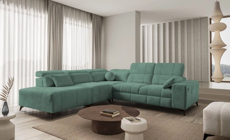Ecksofa mit Schlaffunktion Penejos IX grün linke Seite stilvolles Ecksofa mit Bettzeugcontainern komfortable verstellbare Kopfstützen
