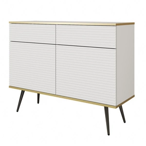 Kommode Luxury 107 cm weiß stilvolle Kommode mit geriffelten Fronten Körper mit Gold trim schwarzen Metallbeinen gekrönt