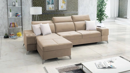 Ecksofa mit Schlaffunktion Elgin beige linkes Ecksofa mit verstellbaren Kopfstützen praktische Schubladen in den Möbelseiten