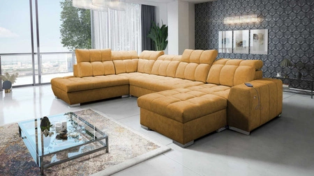 Ecksofa mit Schlaffunktion Luigi VI Honig rechts Stilvolles Ecksofa mit Bettzeugcontainern, bezogen mit weichem Stoff