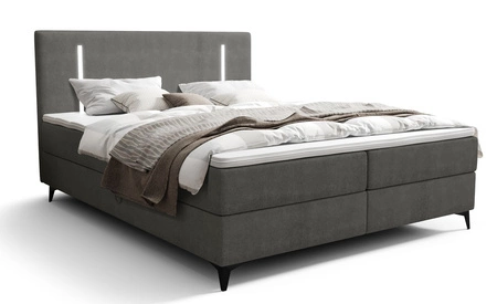 Boxspringbett Norco 140x200 grau stilvolles Bett mit Bettzeug Lagerung Beleuchtung im Kopfteil macht es einzigartig
