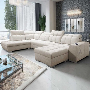 Ecksofa mit Schlaffunktion Luigi VI beige rechte Seite stilvolles Ecksofa mit Bettzeugcontainer mit weichem Stoff bezogen