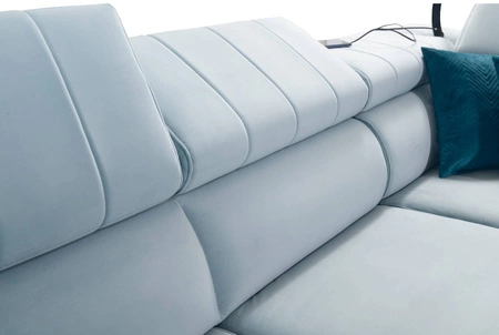 Ecksofa mit Schlaffunktion Rava III hellbeige rechts Samt bequemes Ecksofa mit verstellbaren Kopfstützen und einem Bettzeugbehälter