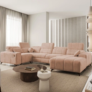 Ecksofa mit Schlaffunktion Penejos IV lachsfarbenes stilvolles Ecksofa mit zwei Bettkästen strapazierfähiger Stoff