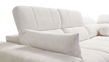 Ecksofa mit Schlaffunktion Penejos IX lachsfarbe rechts stilvolles Ecksofa mit Bettzeugcontainern komfortable verstellbare Kopfstützen