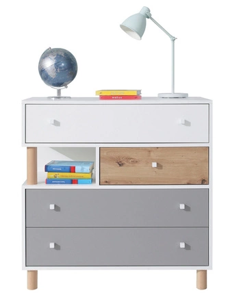 Kommode mit Schubladen Beja 90 cm weiß / Eiche artisan / grau ideal für das Jugendzimmer sehr nützlich und hat ein modernes Design