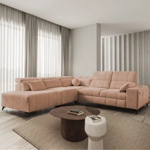 Ecksofa mit Schlaffunktion Penejos IX lachsfarbe links stilvolles Ecksofa mit Bettzeugcontainern komfortable verstellbare Kopfstützen