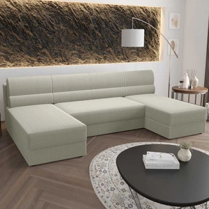 Ecksofa mit Schlaffunktion Fogu U elfenbeinfarbenes komfortables und stilvolles Ecksofa mit einfachem Design Cordstoff Bettzeugcontainer