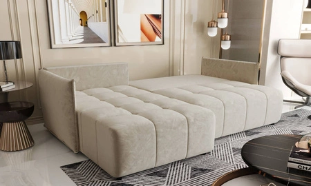 Schlafsofa Oroso beige links weicher Samtstoff mit hydrophober Beschichtung Bettzeugbehälter