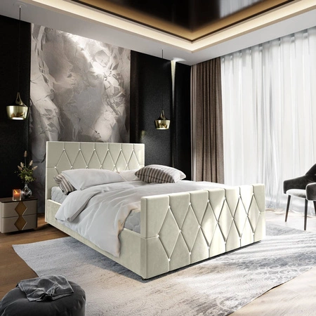 Polsterbett Tifton 160x200 beige mit Stauraum im modernen Stil mit markantem Kopf- und Fußteil mit Kristallen veredelt