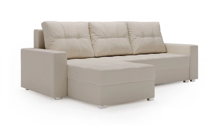 Ecksofa mit Schlaffunktion Pablos hellbeige Universal-Ecksofa mit einem Bettzeug-Container und dekorativer Steppung auf der Sitzfläche