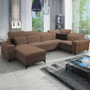 Ecksofa mit Schlaffunktion Kelly IV hellbraun links geflochten bequemes Ecksofa verstellbare Kopfstützen seitlich mit Latten verkleidet