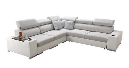 Ecksofa mit Schlaffunktion Provo III grau / weiß linkes Ecksofa mit Bettzeugablage und verstellbaren Kopfstützen