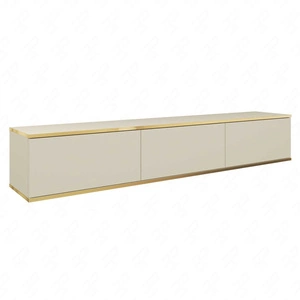TV-Lowboard Luxury 175 cm Beige Stilvolle geriffelte Front Korpus verziert mit einer goldenen Leiste begeistert Liebhaber eleganter Arrangements