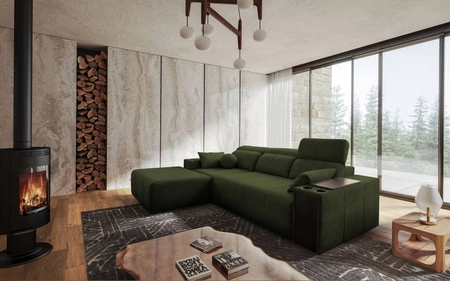 Ecksofa mit Schlaffunktion Tesalia grün links modernes Design komfortable Schiebelehne Schublade in der Seite des Möbels