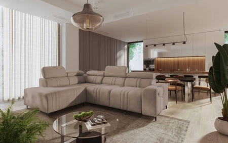 Ecksofa mit Schlaffunktion Castel VII hellbraun linke Seite stilvolles Ecksofa mit Bettzeugablage und verstellbaren Kopfstützen