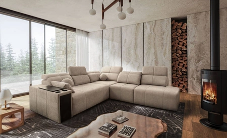 Ecksofa mit Schlaffunktion Tesalia IX beige rechte Ecke modernes Design komfortable Schiebelehne Schublade in der Seite des Möbels