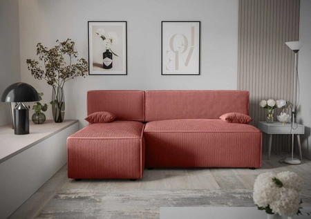 Ecksofa mit Schlaffunktion Brandon Indian pinker linkshändiger dreidimensionaler Stoff mit ausdrucksstarken Streifen Bettzeugbehälter