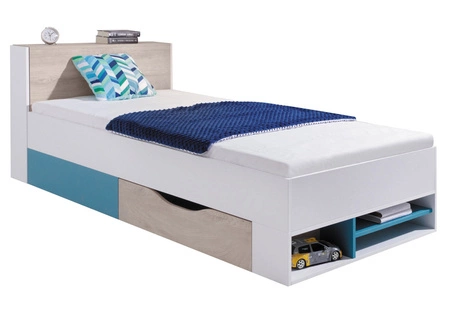 Bett mit Schublade Niko 90x200 cm weiß / Eiche / marine modernes Bettdesign ausziehbare Regale im Kopfteil