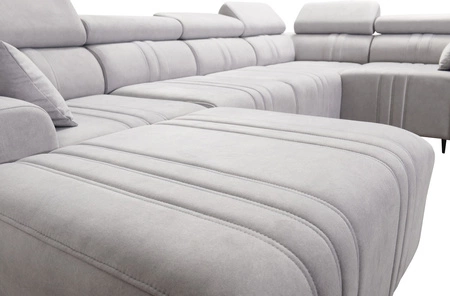 Ecksofa mit Schlaffunktion Castel IV beige linke Seite stilvolles Ecksofa mit Bettzeugcontainern und verstellbaren Kopfstützen