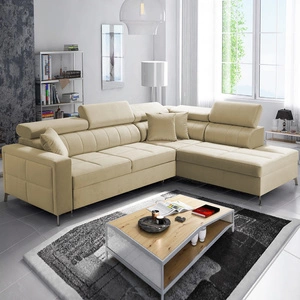 Ecksofa mit Schlaffunktion Nausa III beige rechts Samt stilvolles bequemes Ecksofa verstellbare Kopfstützen Bettzeugcontainer