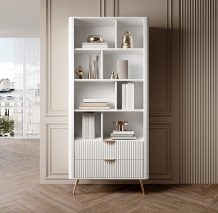 Bücherregal Lante 88 cm weiß elegantes Bücherregal mit Schubladen Designer Riffelung auf Fronten Metallkantengriffe