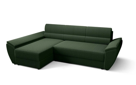 Ecksofa mit Schlaffunktion Fogu III grün linke Seite stilvolles Ecksofa mit Armlehnen Container für Bettzeug Kordelstoff