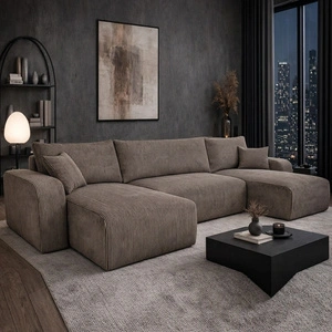 Ecksofa mit Schlaffunktion Fiesta U XL hellbraun elegantes Ecksofa für Wohnzimmer mit Bettzeugablage Cordstoff