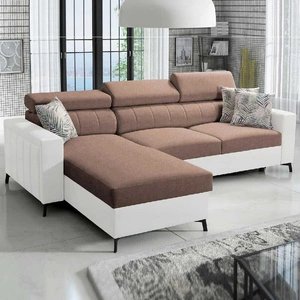 Ecksofa mit Schlaffunktion Savona hellbraun/weiß links elegantes Ecksofa mit verstellbaren Kopfstützen Ziernähte