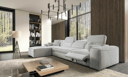 Ecksofa mit Schlaffunktion Viano XII Lux graue Esche Linkshänder-Designer-Ecksofa für das Wohnzimmer mit komfortablem ausziehbarem Fußteil